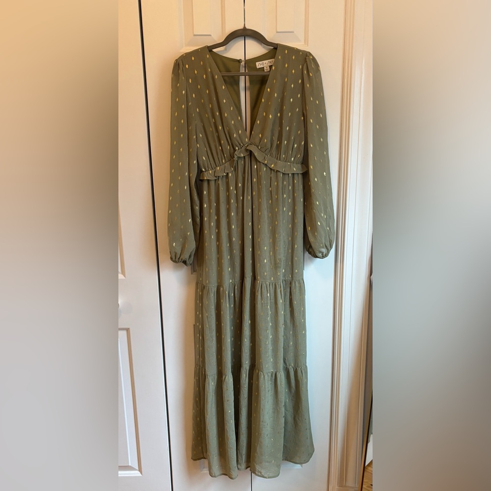 She + Sky Olive Green Maxi Dress with Gold Dots